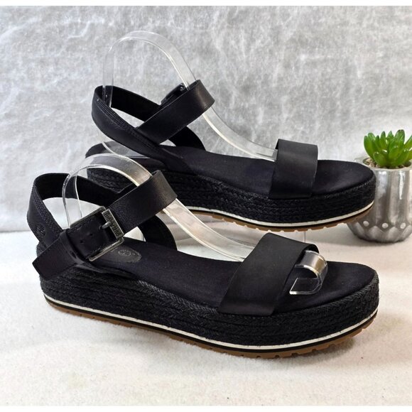 Timberland Womens Black Leather Espadrille Platform Sandals Size 11 Adjustable - Picture 12 of 13